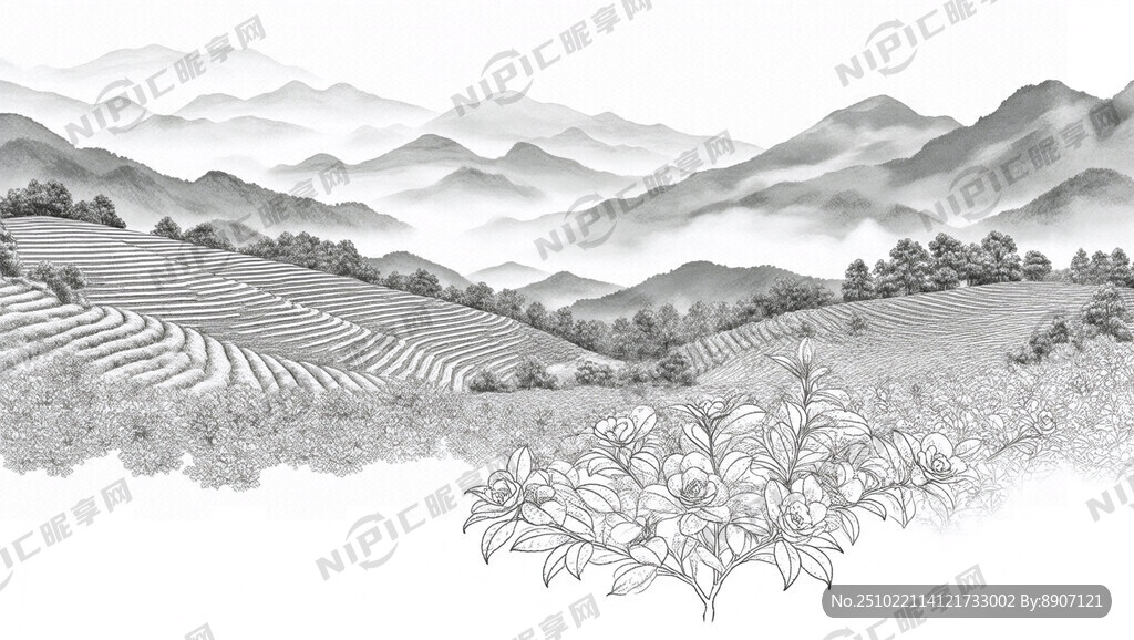 山 茶园  线稿