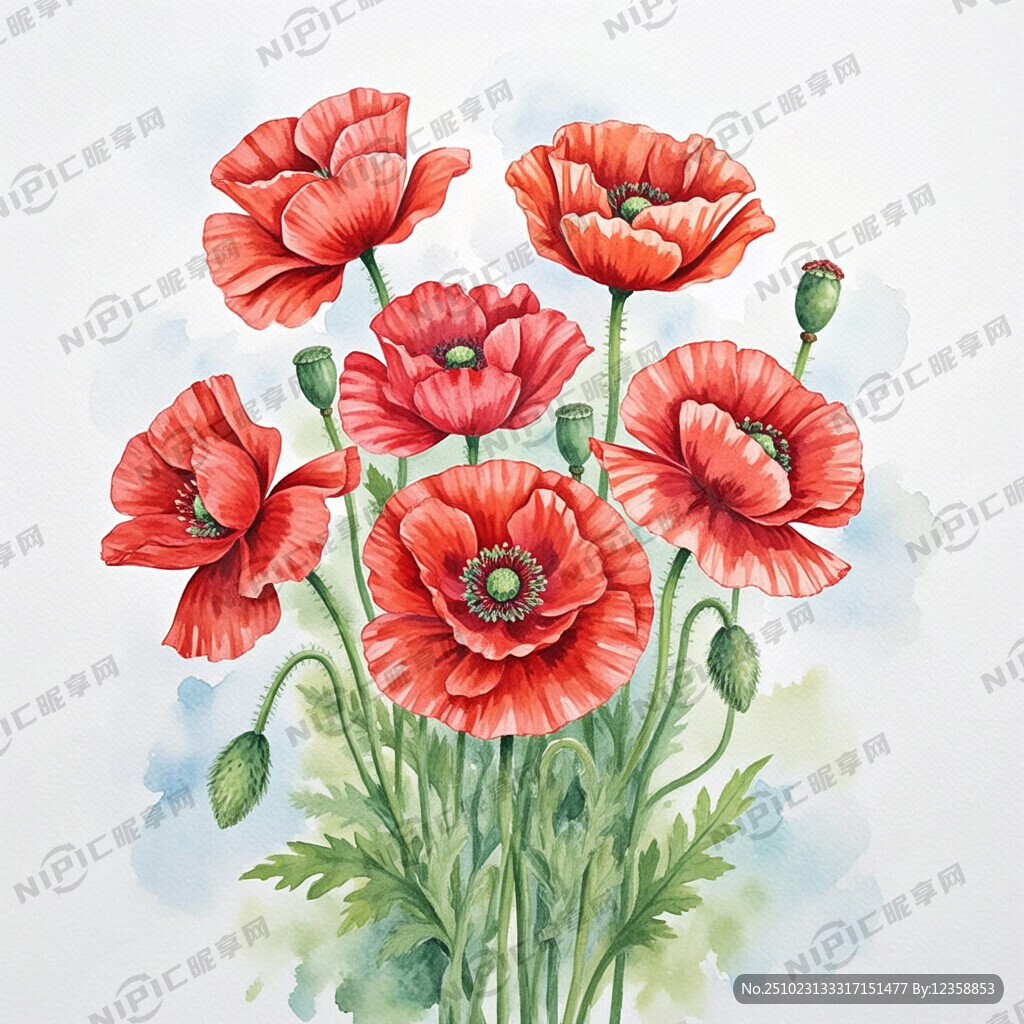 红色虞美人花朵  白色背景