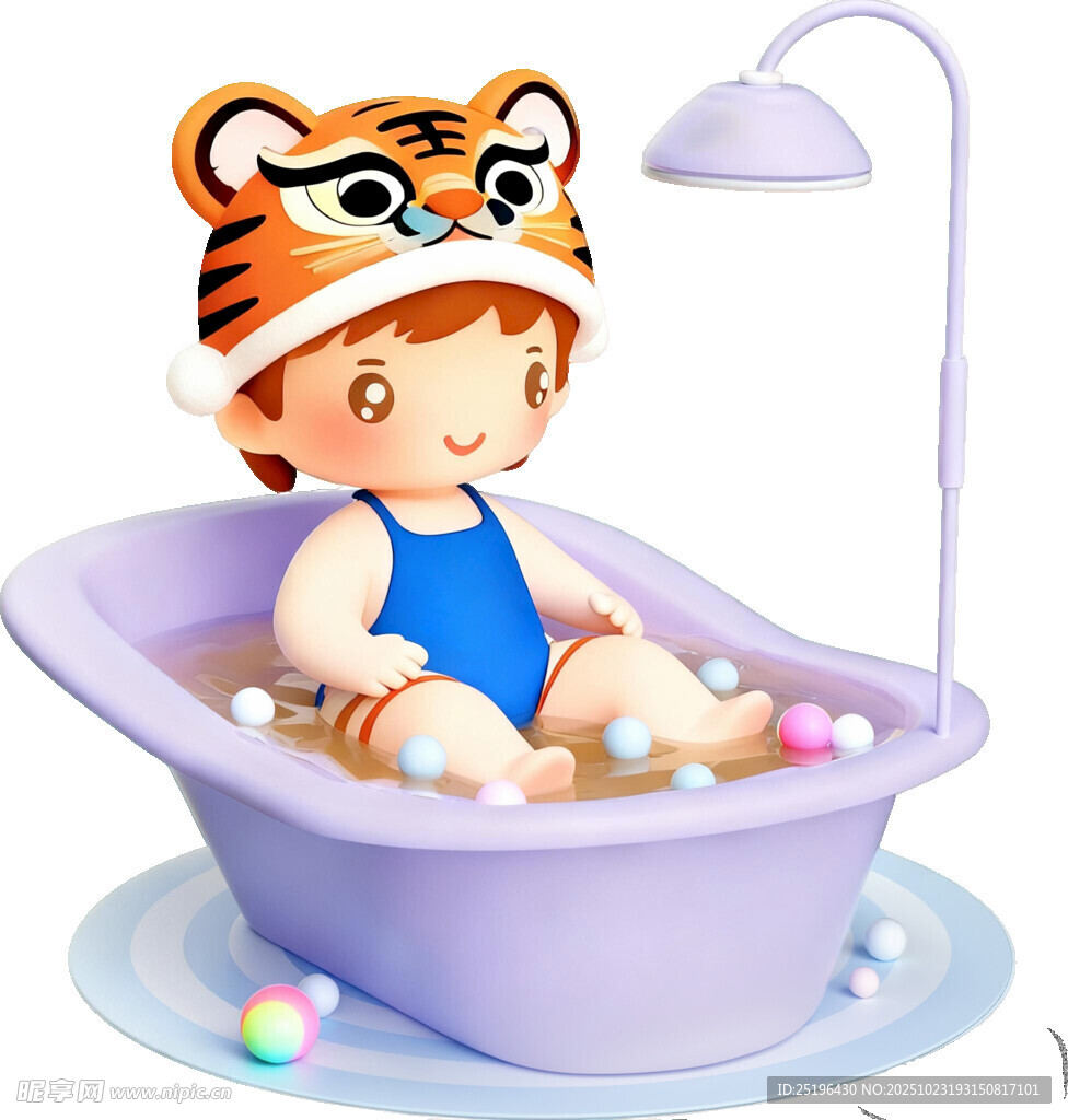 药浴萌娃戴虎头帽快乐泡澡