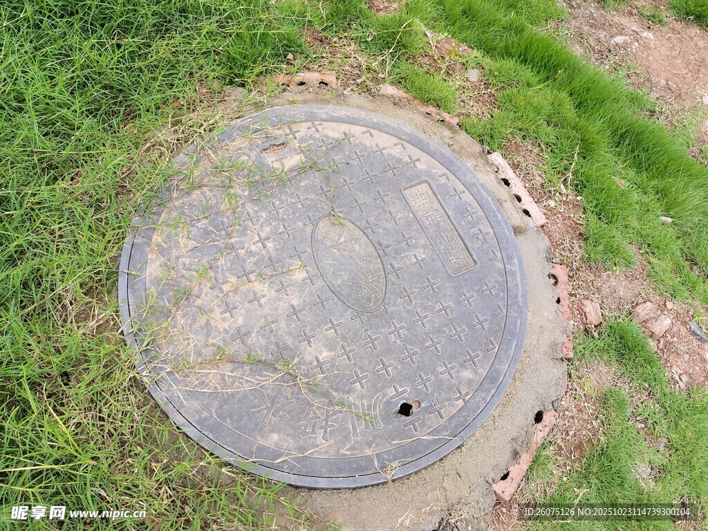 俯视视角下的圆形井盖