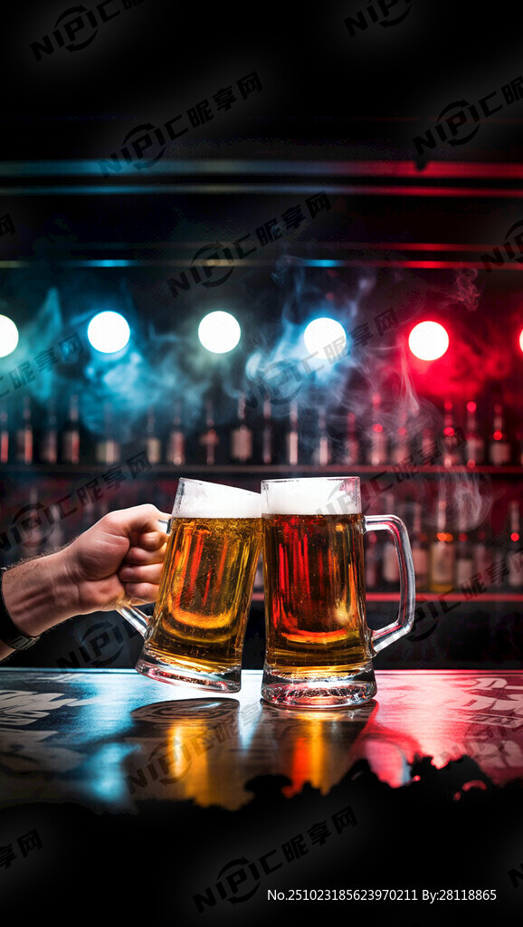 酒吧场景 黑红色调 大啤酒杯