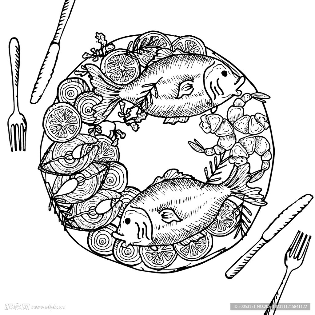 海鲜拼盘手绘插画