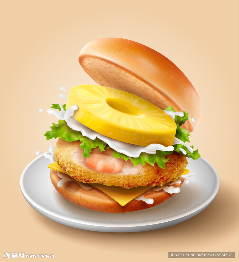 美味菠萝鸡肉汉堡