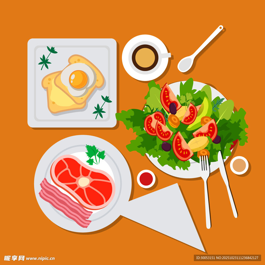 丰盛早餐与美味肉类沙拉