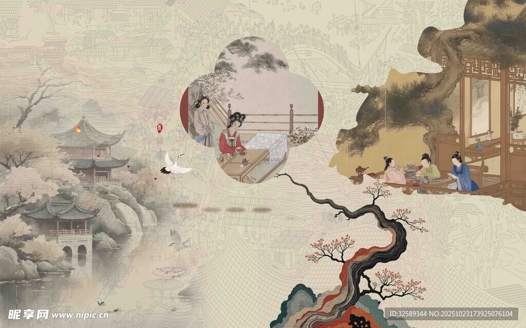 古风仙鹤祥云中式场景图