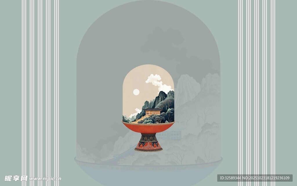 梦幻拱形窗中的山水景致