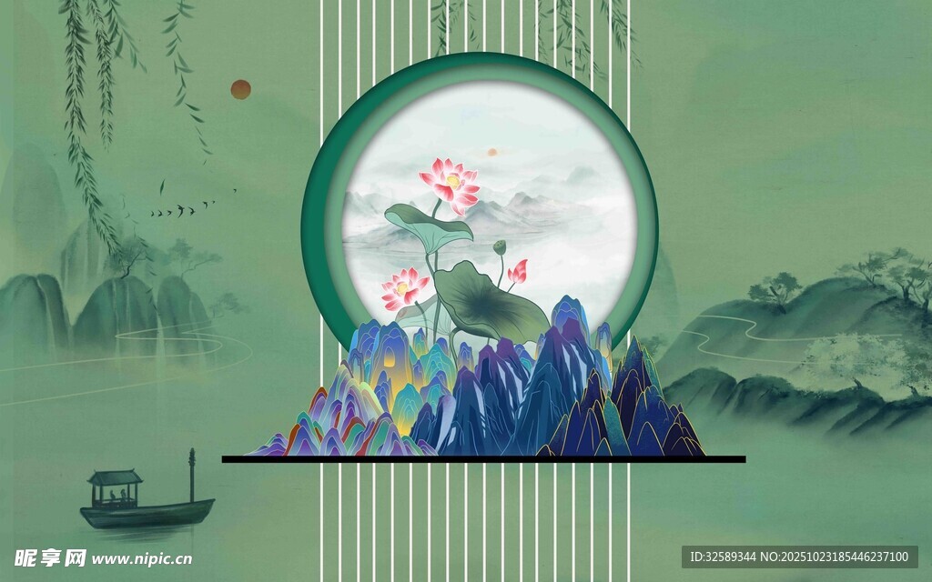 中式山水圆形插画意境美