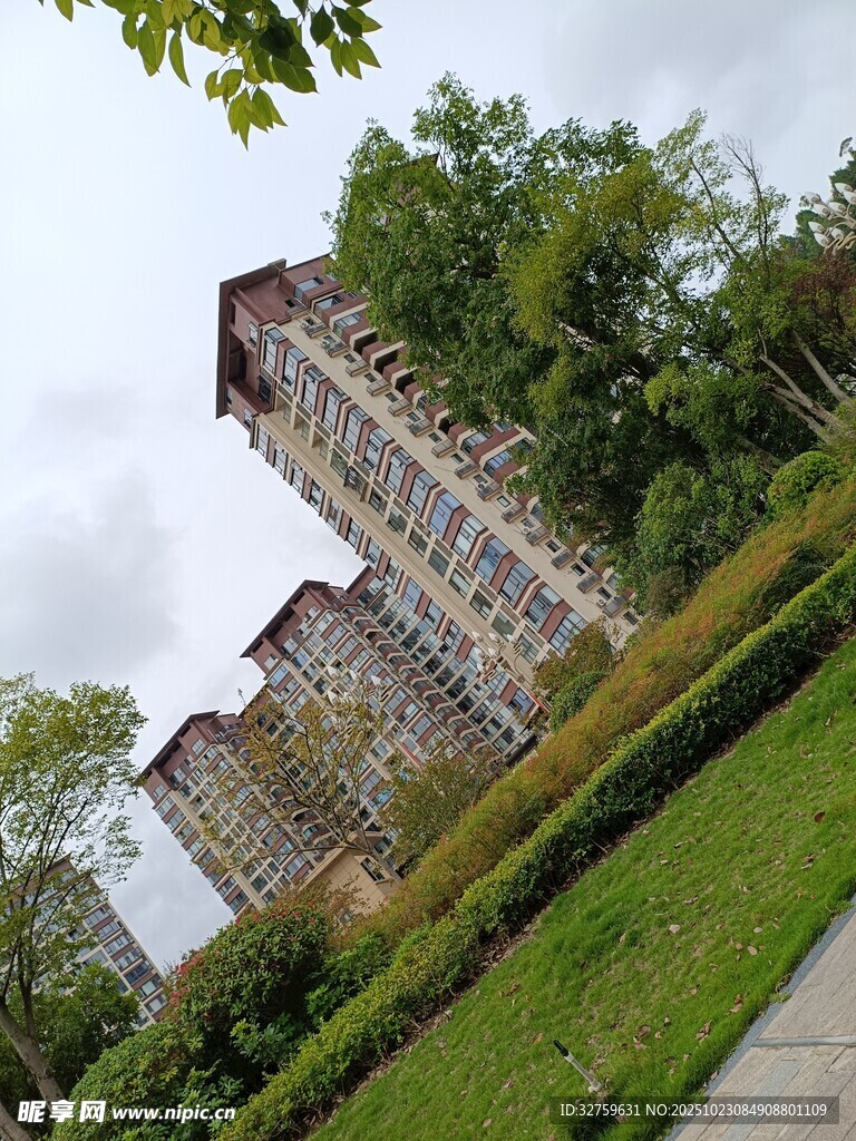 绿树环绕的古老多层建筑