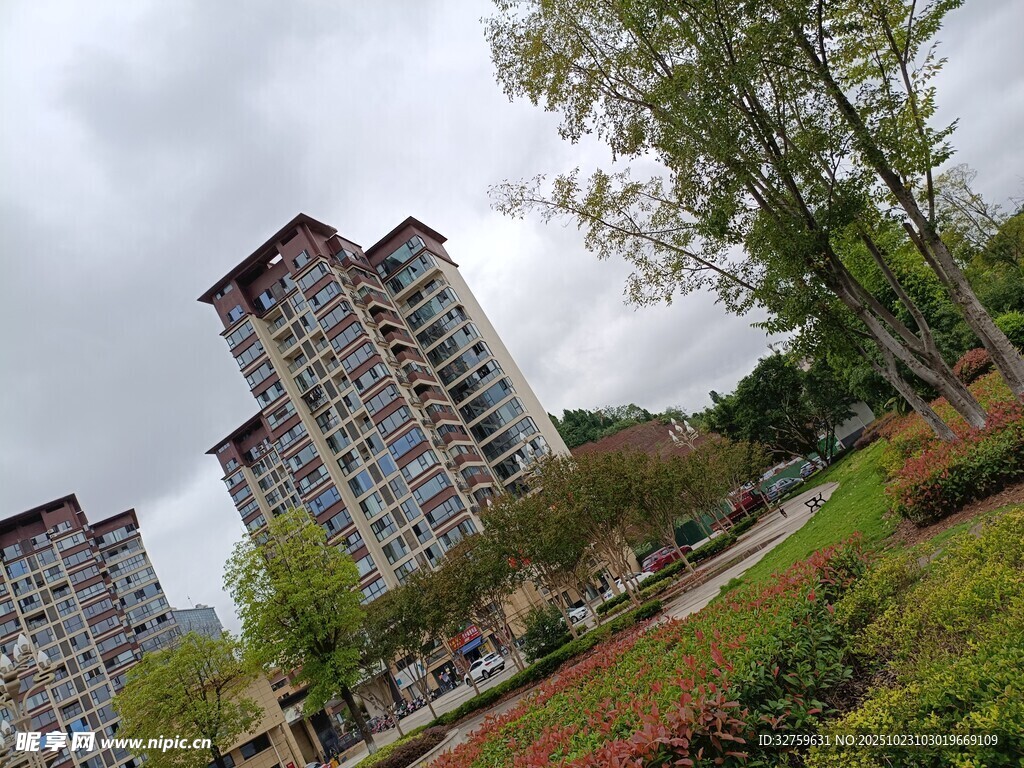 城市住宅区旁的绿植景观