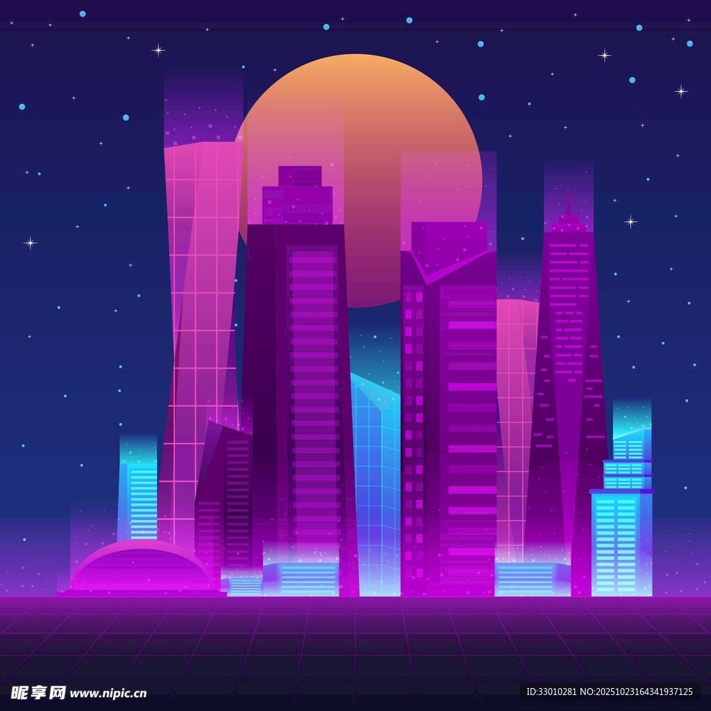 霓虹都市夜景梦幻紫色天际