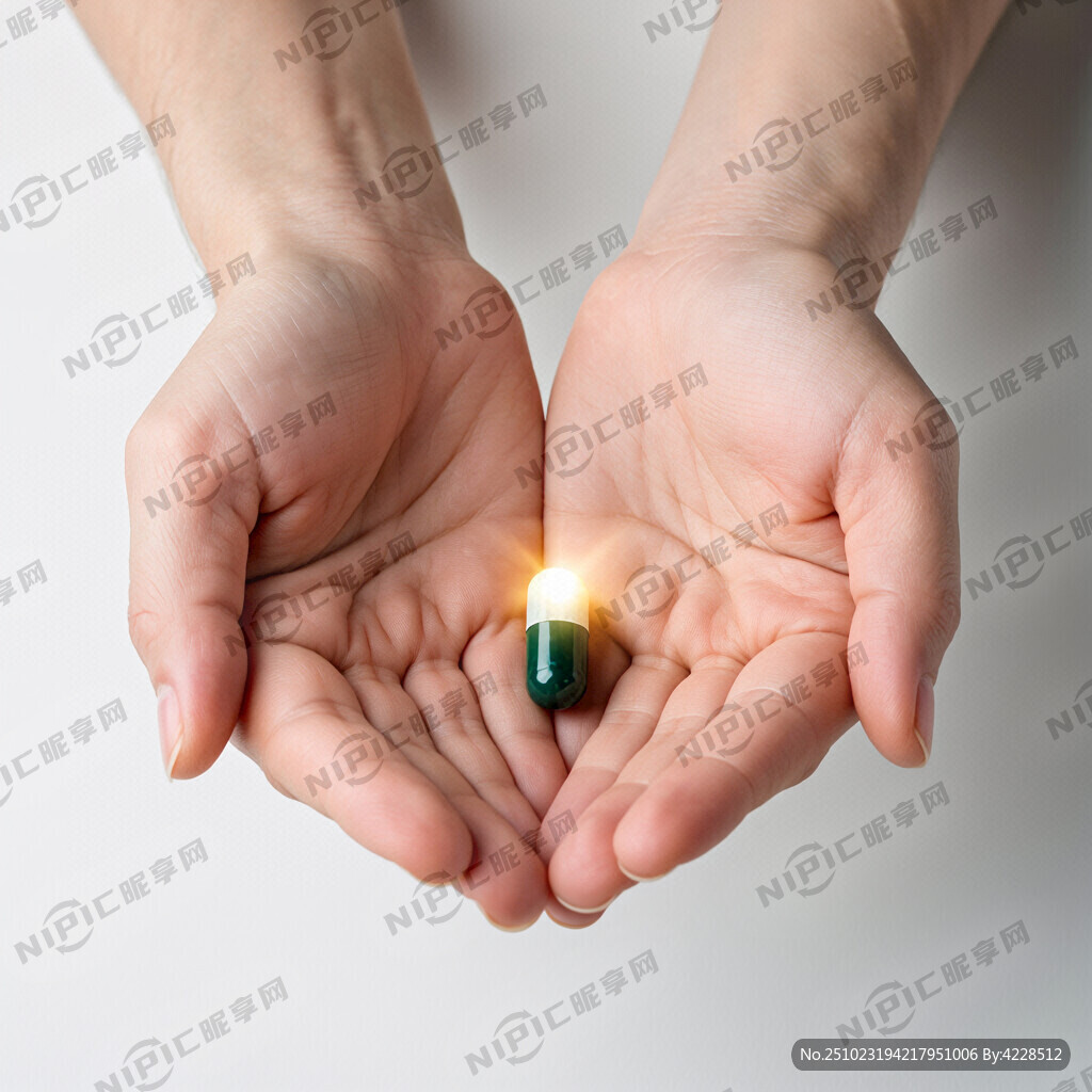 一双温柔的手托着毅力发光的药丸