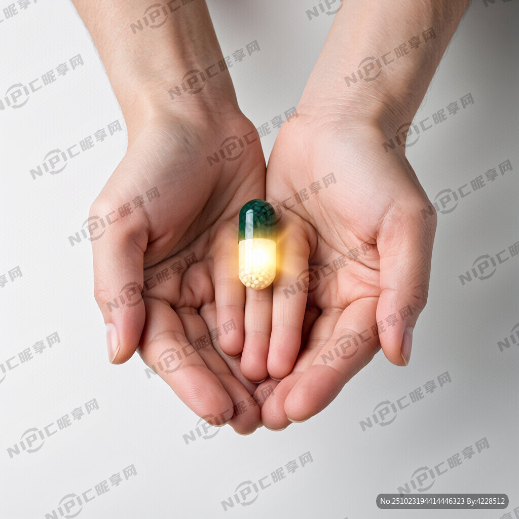 一双温柔的手托着毅力发光的药丸