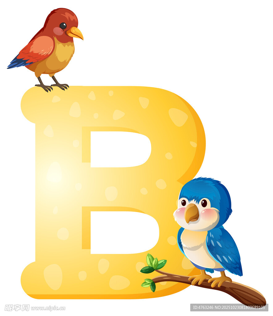 字母B上的两只可爱小鸟