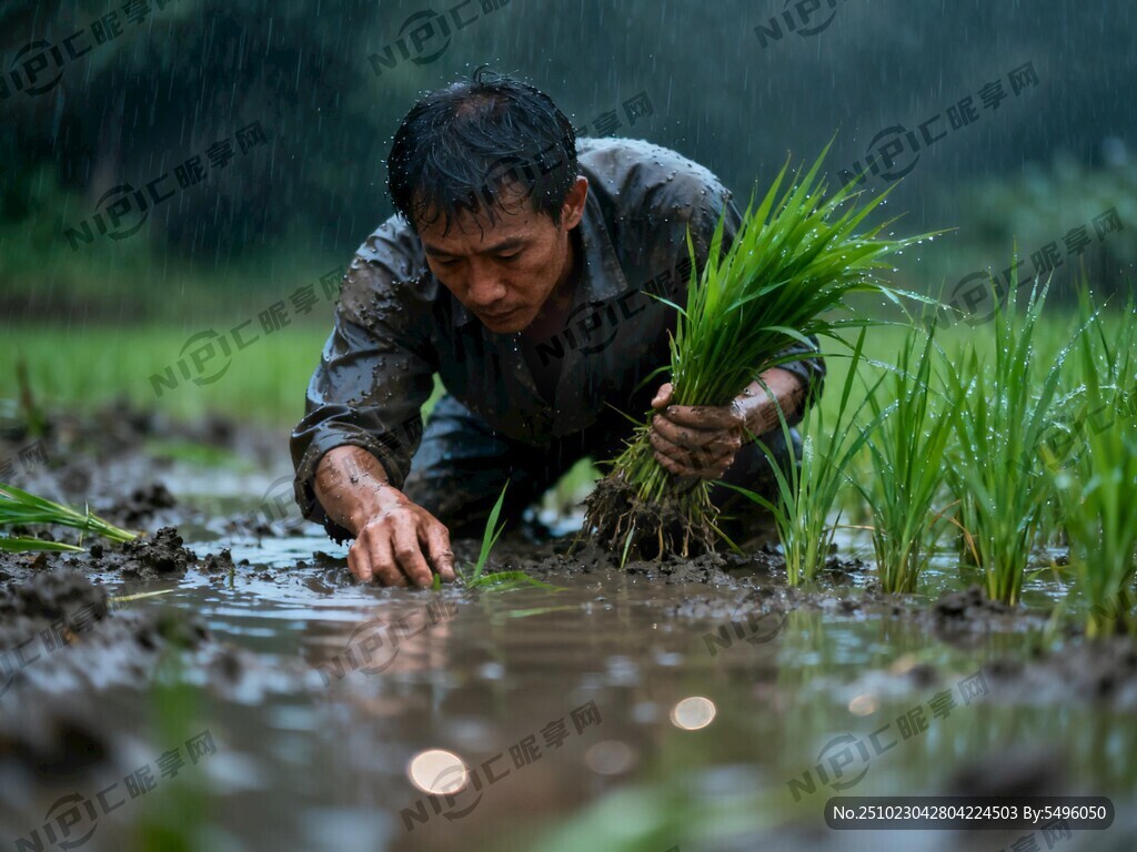 一个农民在雨季弯腰种植水稻。他