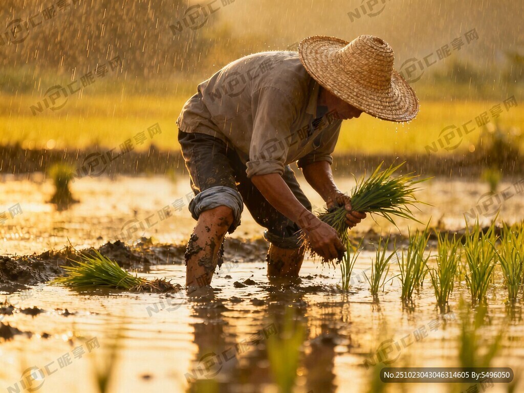 一个戴着草帽农民在雨季弯腰种植