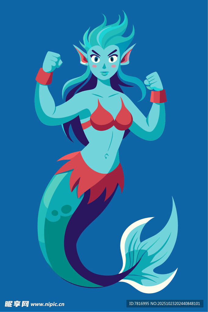 可爱蓝发美人鱼插画