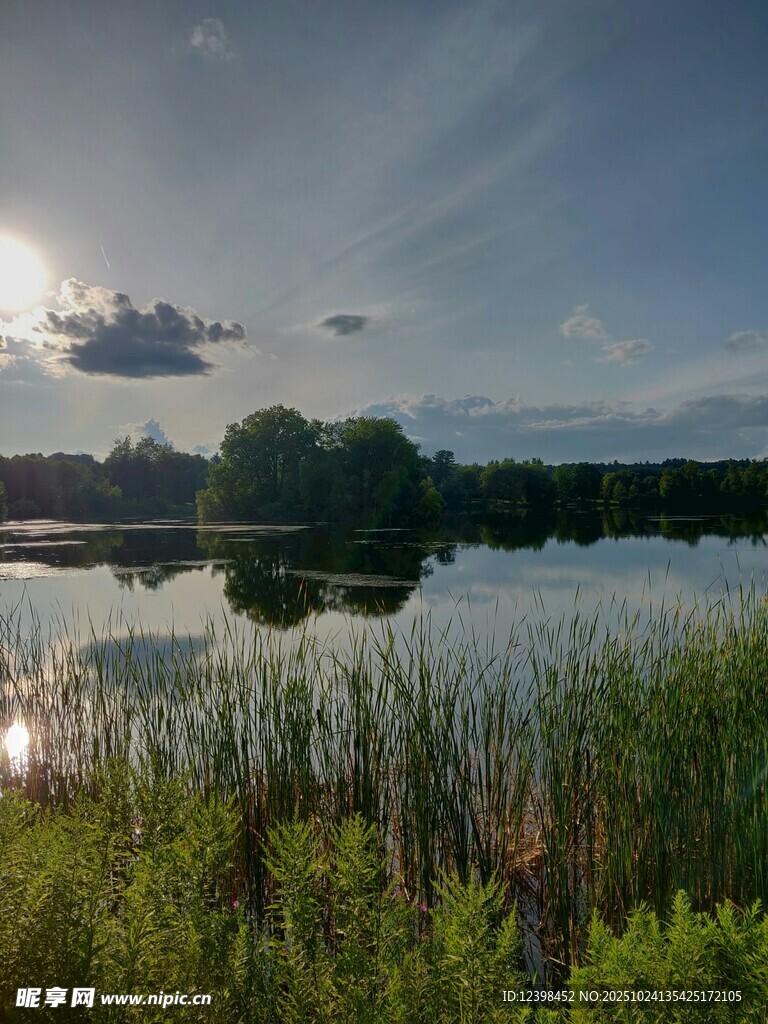 湖畔晨光中的自然美景