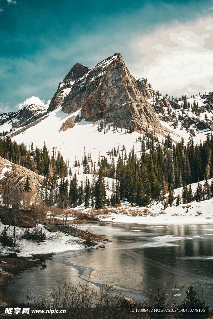雪山湖泊旁的静谧山林