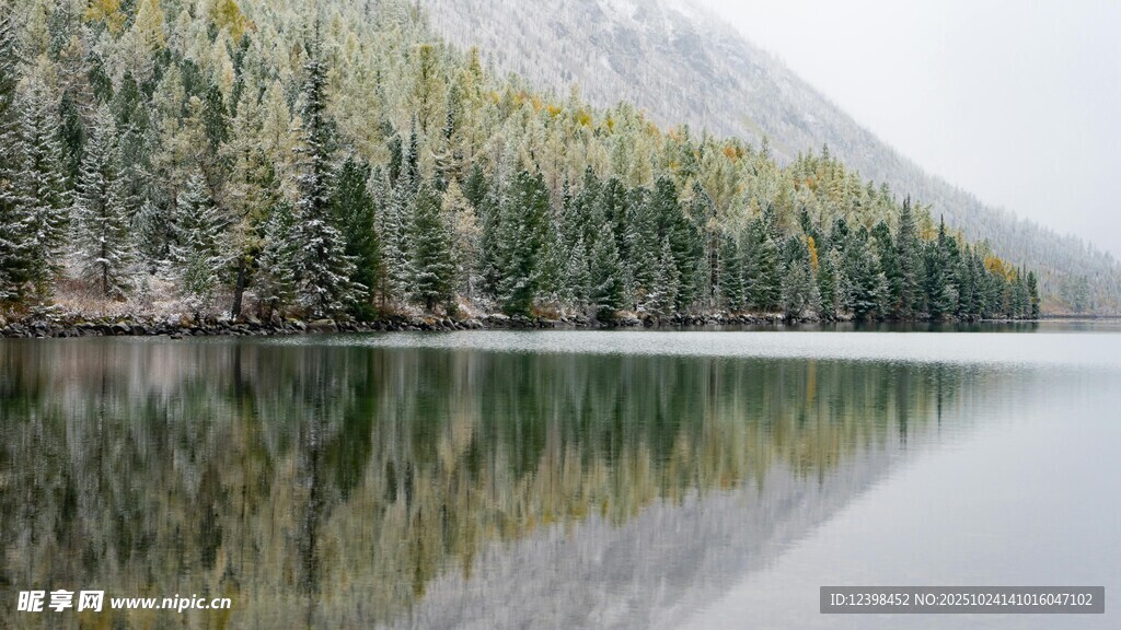 宁静湖畔雪景与森林倒影