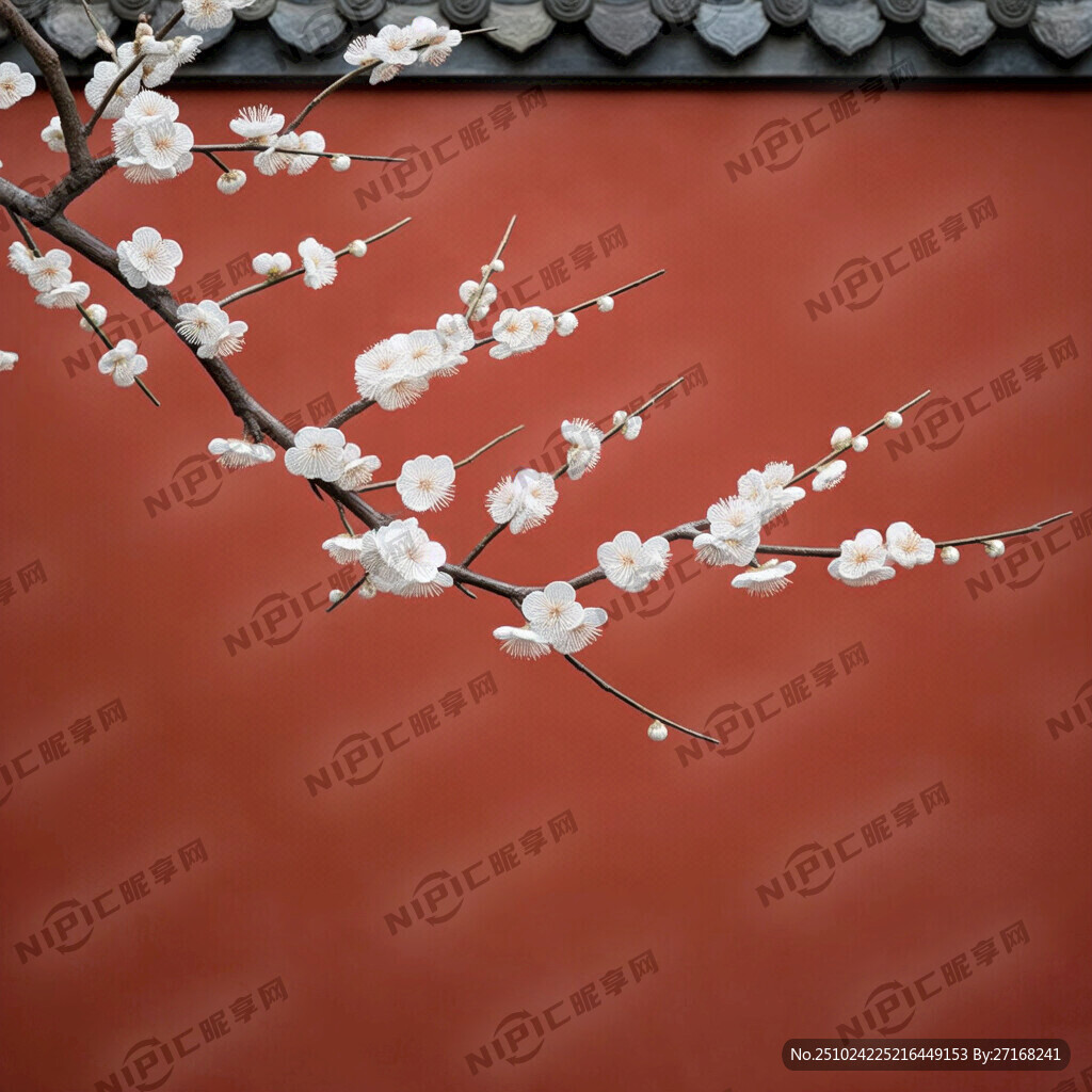 红墙 刺绣白色梅花