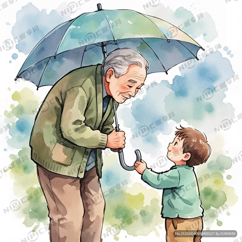 老人打伞低头 幼儿抬头