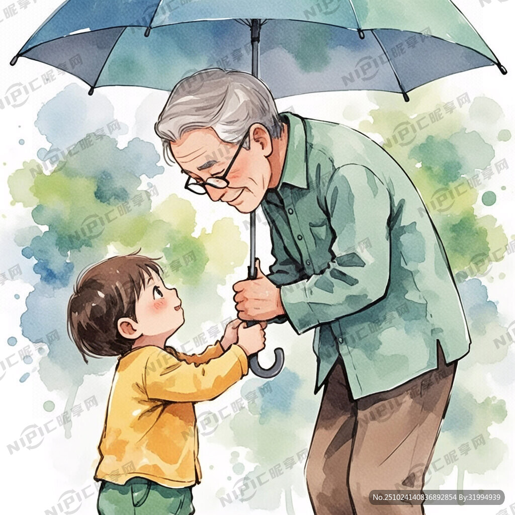 老人打伞低头 幼儿抬头