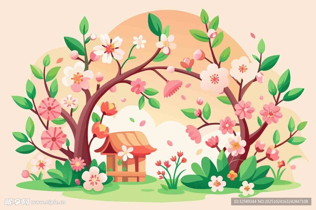 春日桃林小屋浪漫景象