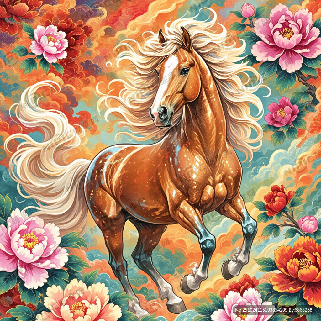 一匹马  国潮风 牡丹花 插画