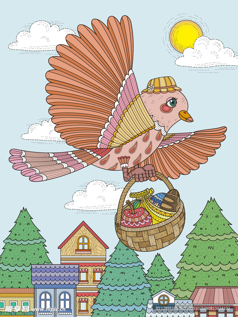 彩色飞鸟衔篮飞过小镇上空