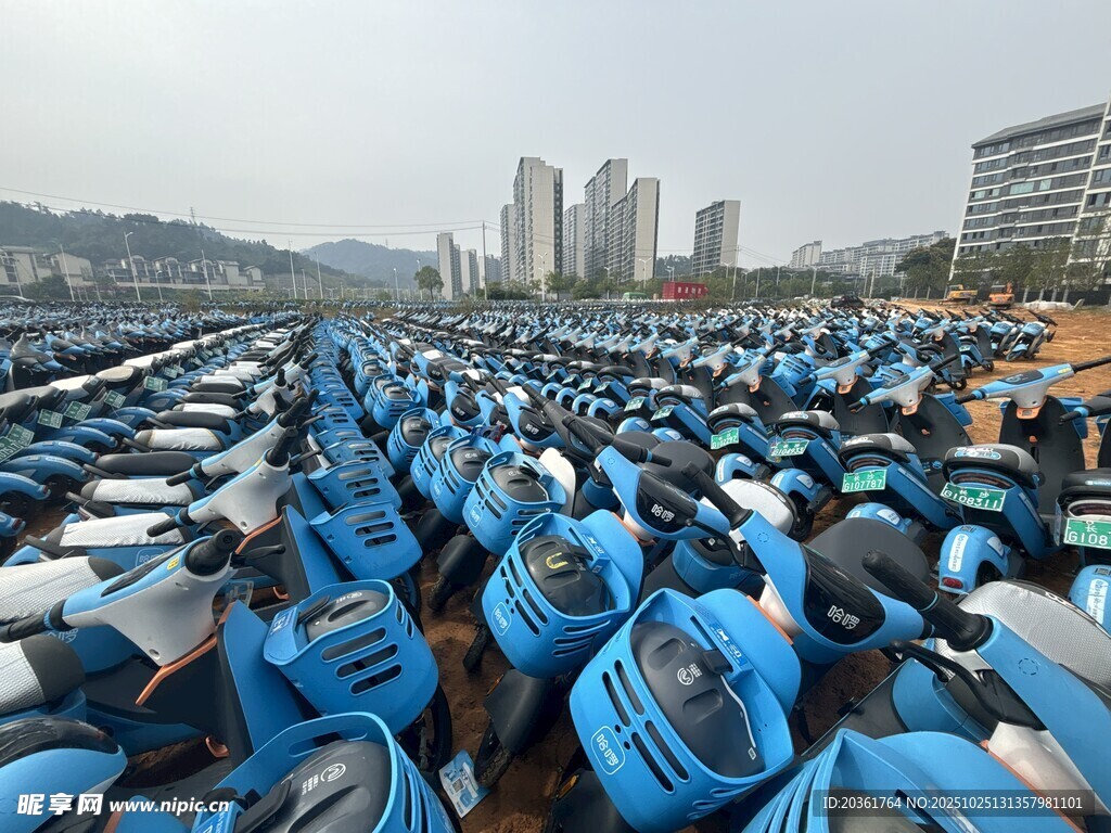 大量蓝色电动车停放场景