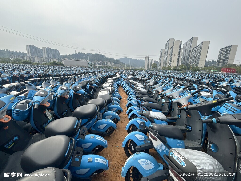 大量蓝色电动车停放场景