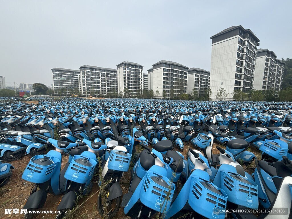 大量蓝色电动车停放场景