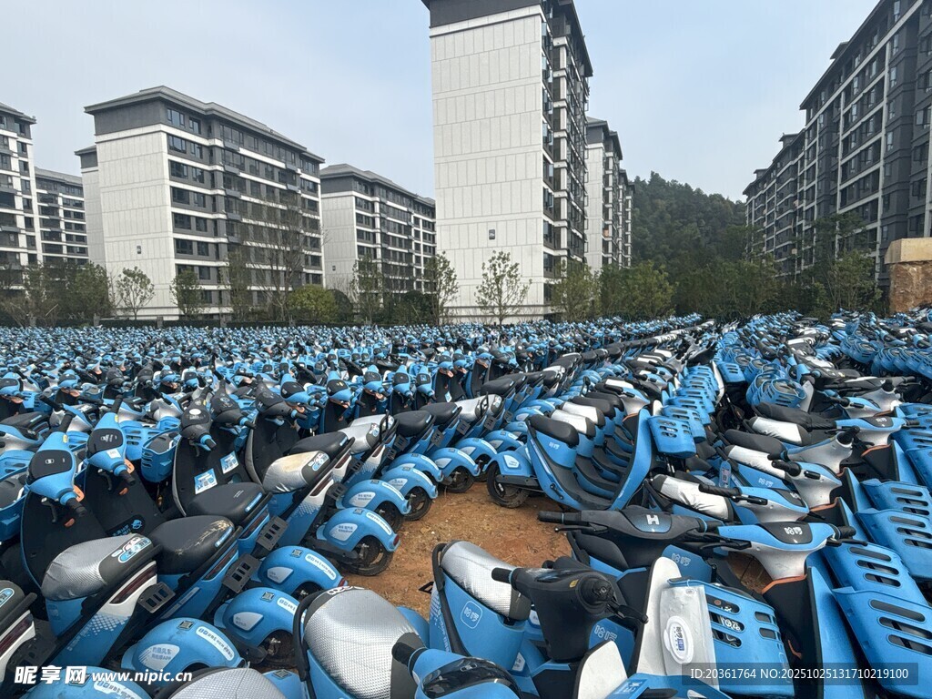 大量蓝色电动车停放场景