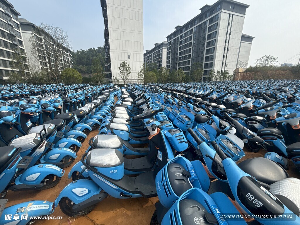 密集停放的蓝色电动车群