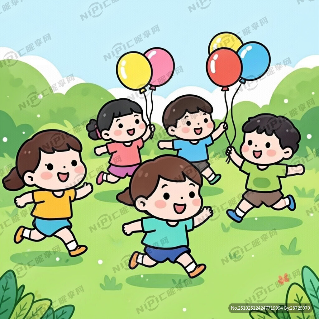 在草地上拿着气球奔跑的孩子们