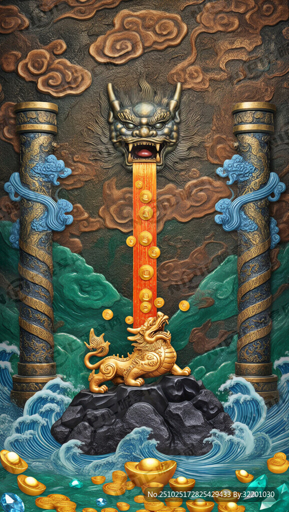 一幅竖版招财画：画面中央是金色