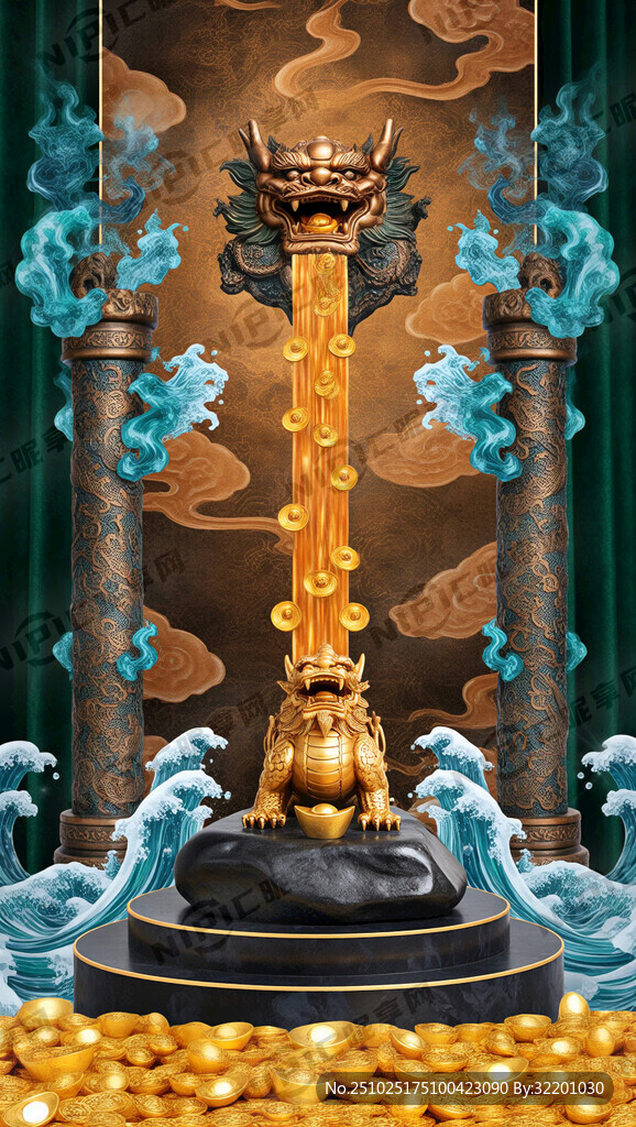 一幅竖版招财画：画面中央是金色