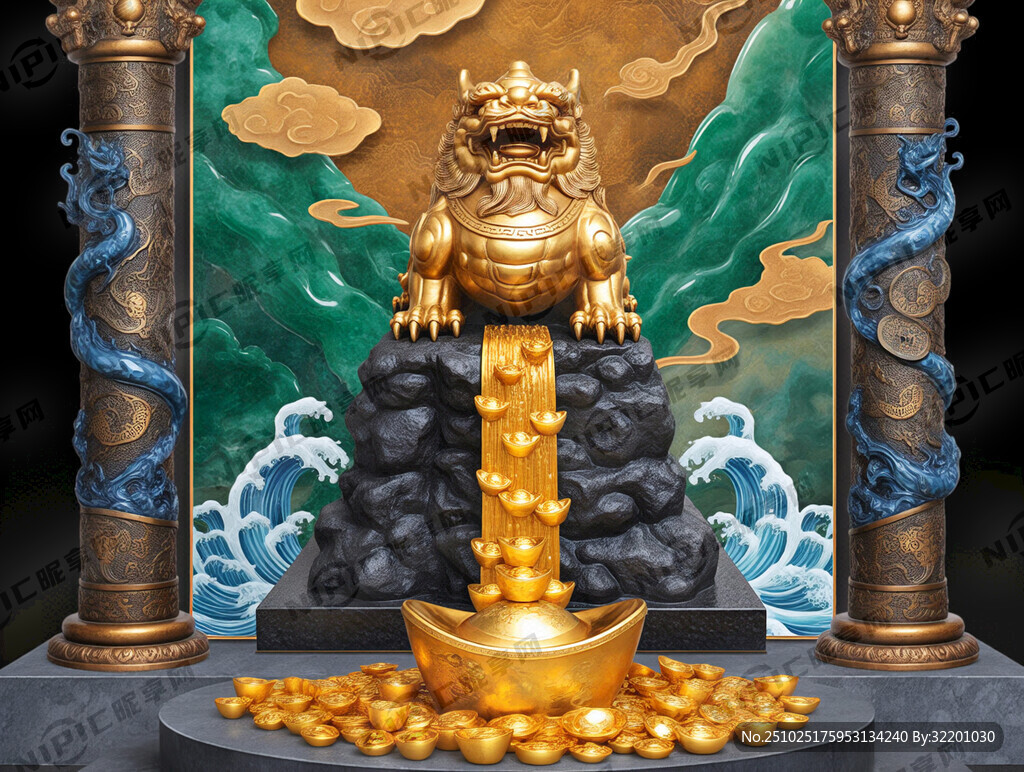 一幅竖版招财画：画面中央是金色