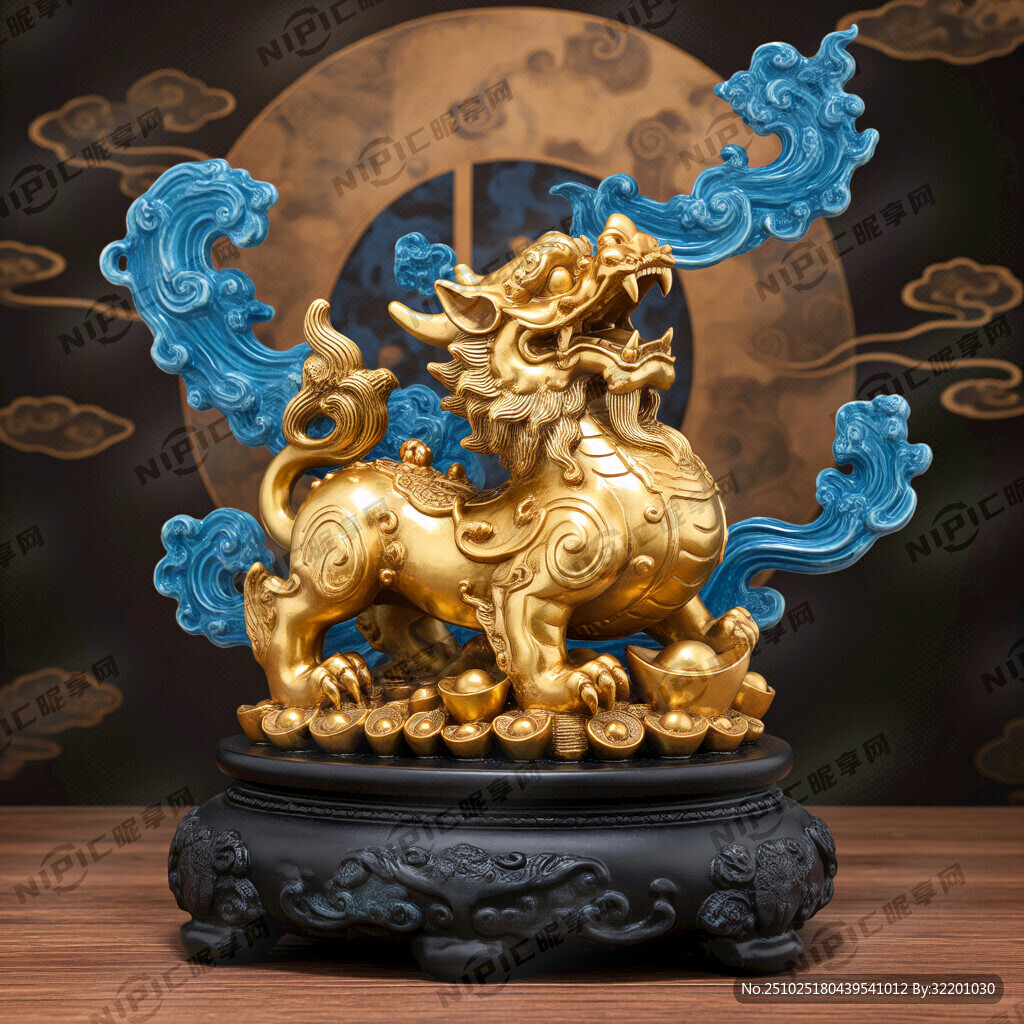 一只纯金貔貅昂首立于黑曜石基座