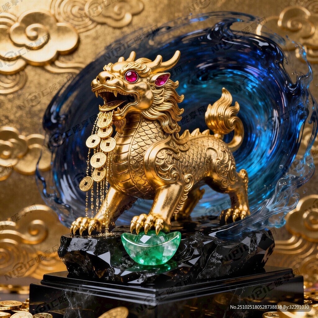 一只纯金貔貅昂首立于黑曜石基座