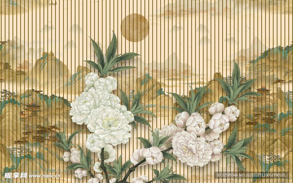 中式山水间绽放的花卉