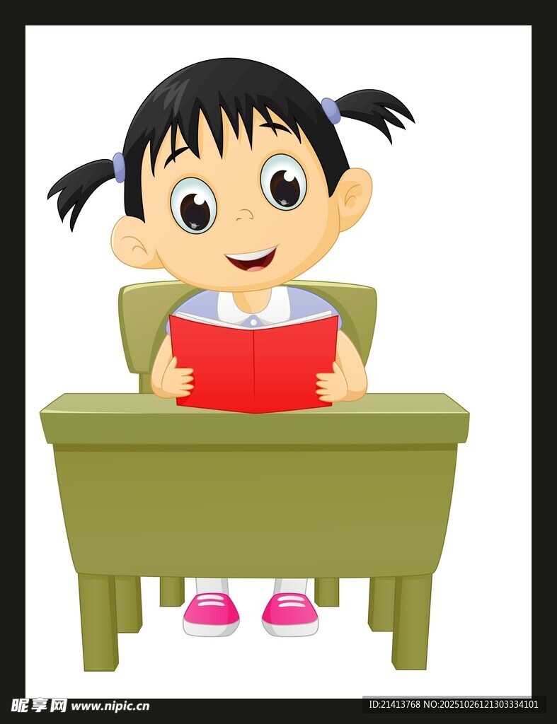 小女孩端坐桌前捧书阅读