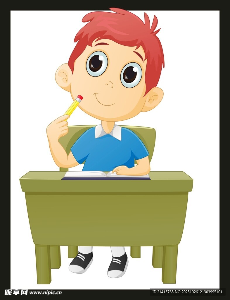 小男孩专注思考做作业