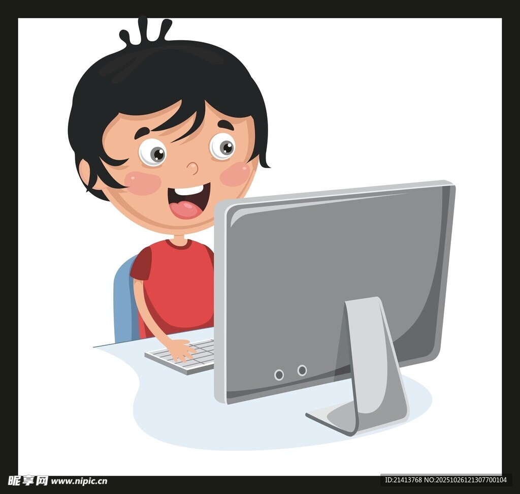 小孩专注使用电脑