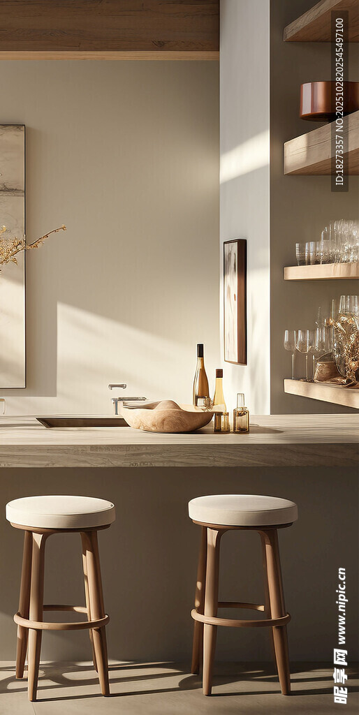 简约厨房吧台与木质座椅