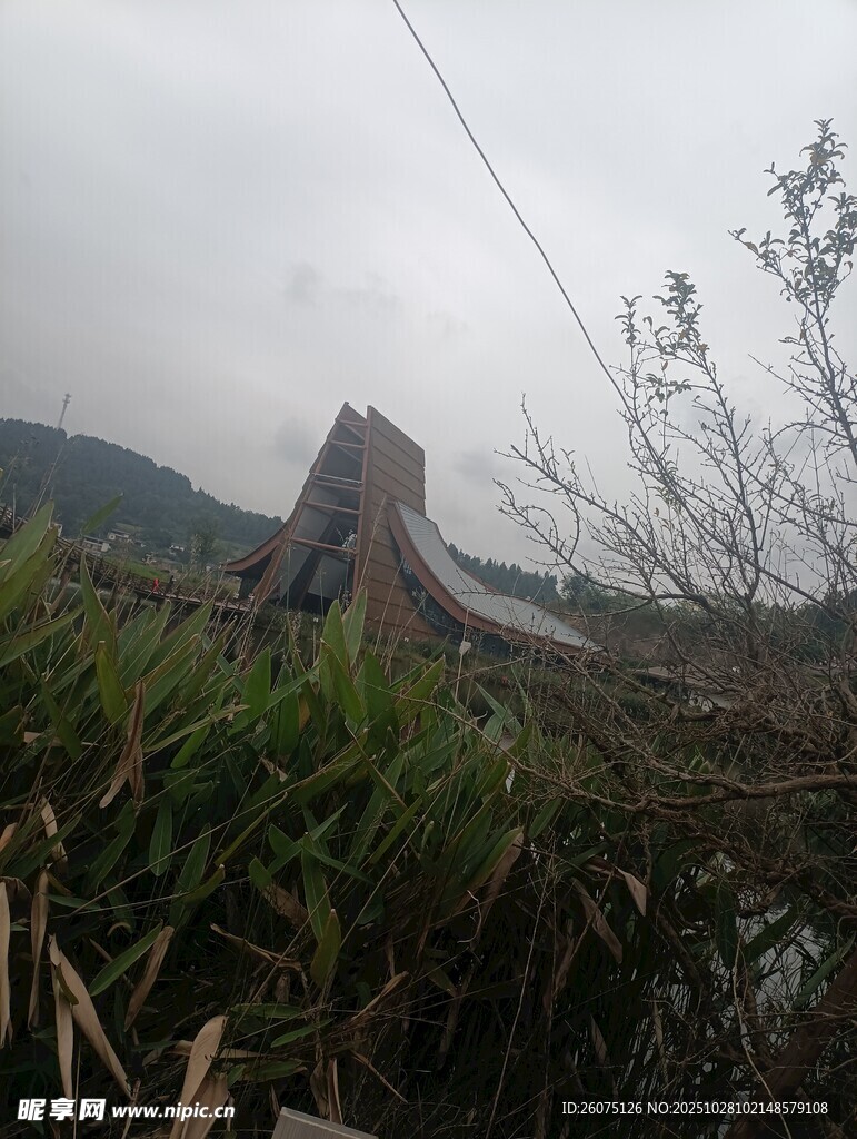 山间小屋隐于草木之中