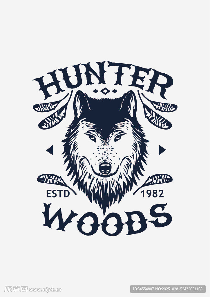 狼头图案的狩猎风印花设计