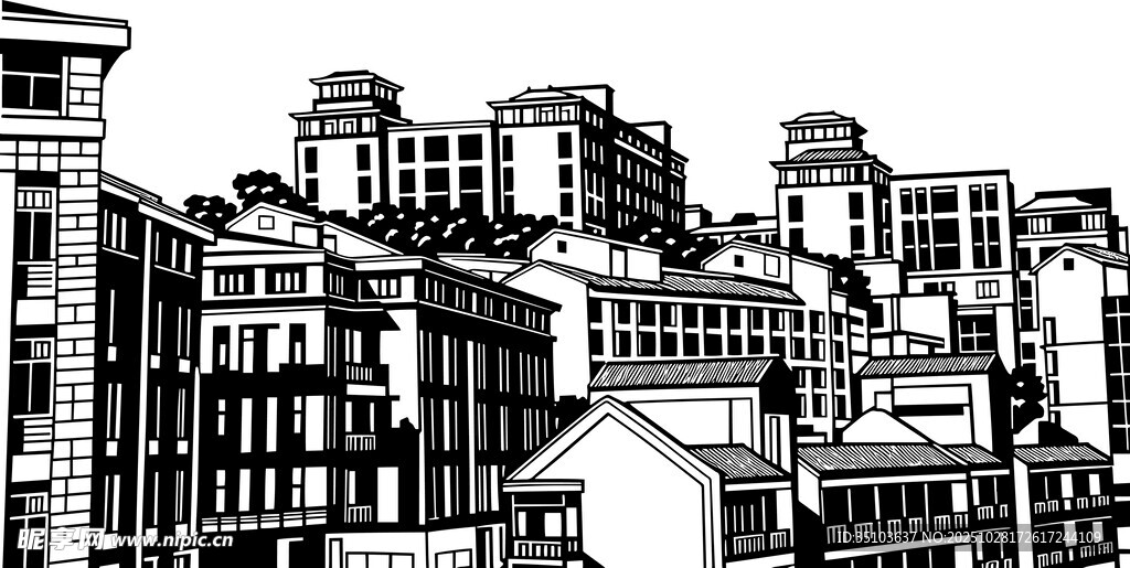城市建筑黑白线条画