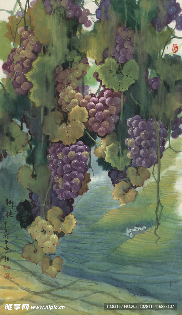 田园葡萄绘画风景图