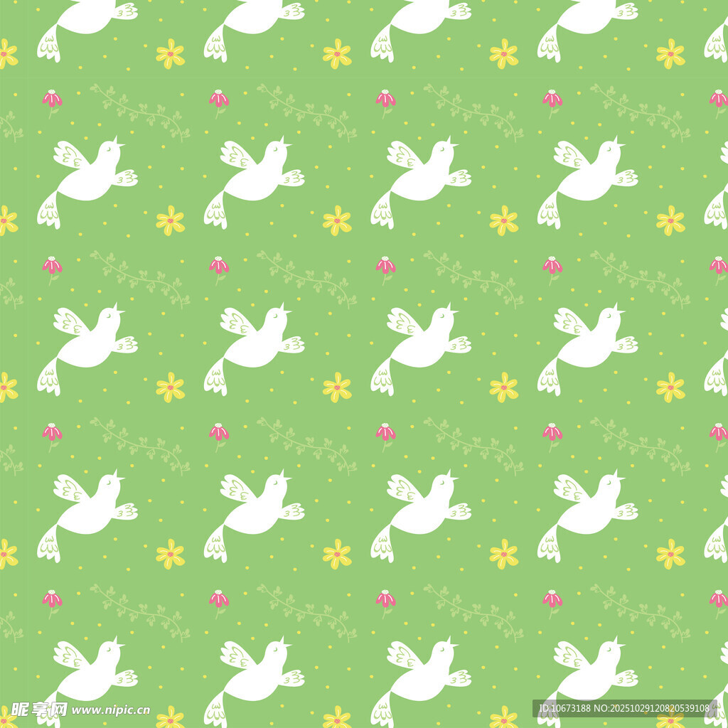 绿色背景白鸽花卉图案
